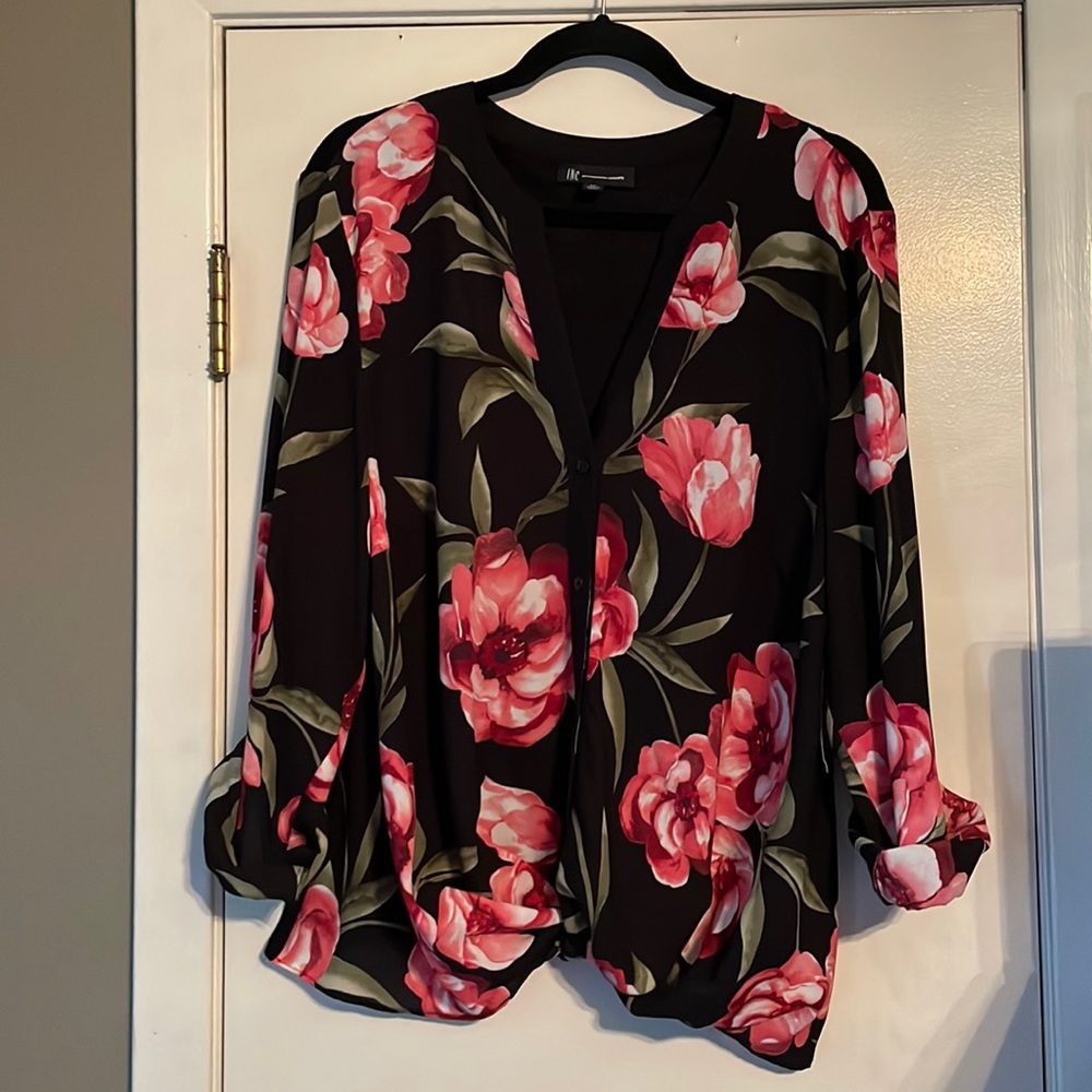 INC International Concepts black floral blouse